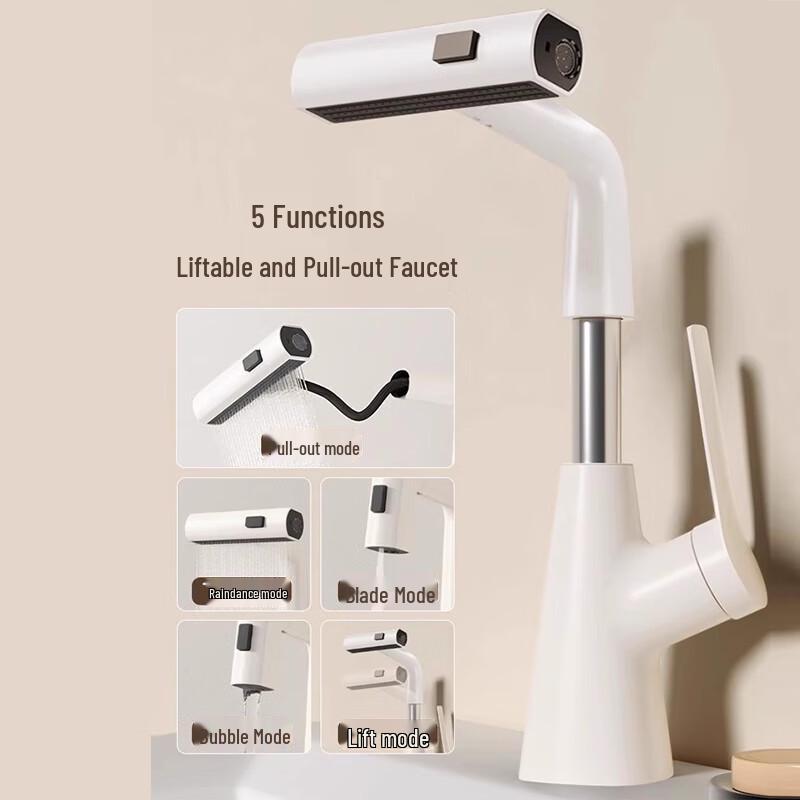 White Pull-Out Faucet Washbasin with Hot & Cold Single Hole Vanity Countertop