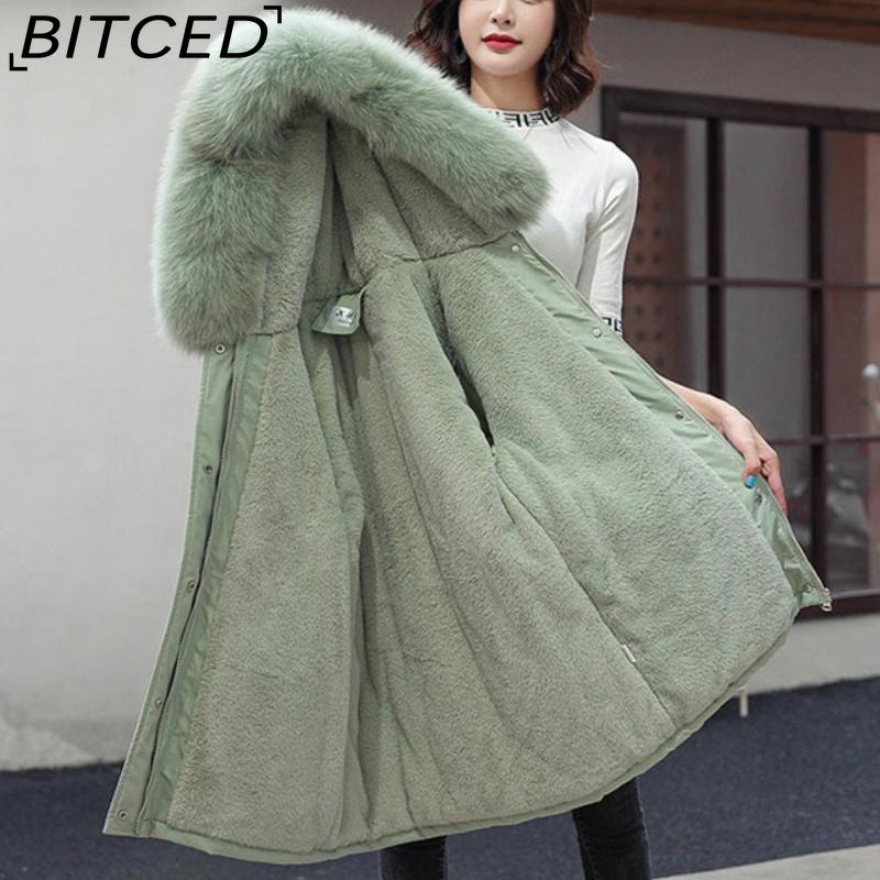 BITCED Women's Mid-Length Drawstring Cotton Coat with Fleece Lining Loose-Fit Puffer Jacket with Down-Fill Cotton Padding Winter Outerwear