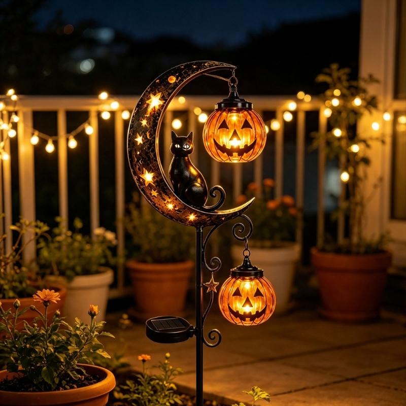 Halloween Yard Stake Light with Sun-Charge Panel, Metal Seasonal Accent for Lawn, Garden Edges, Front Entry Display Use and Outdoor Styling