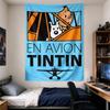 Hanging Tapestry for Wall Decor Tintin En Avion In Orange Plane Cockpit with Snowy On Blue for Adult Comic Fan Decor