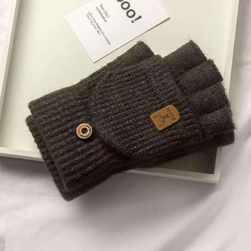 Women's Autumn/Winter Half-Finger Plush Flip Gloves: Warm Knitted, Cold-Proof, Cycling, Touchscreen Compatible