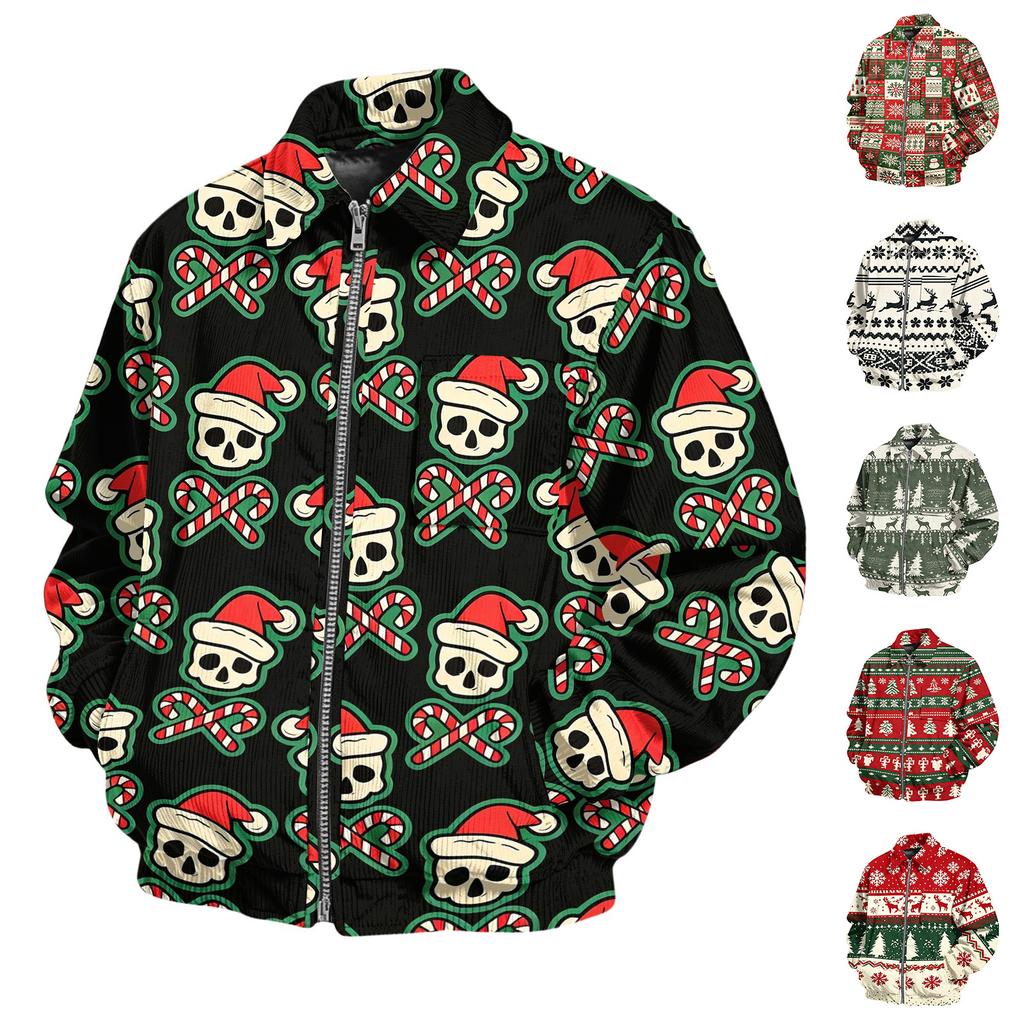 Herren Casual Cordjacke mit Taschen Reißverschluss Langarm Oberbekleidung Weihnachtsdruck