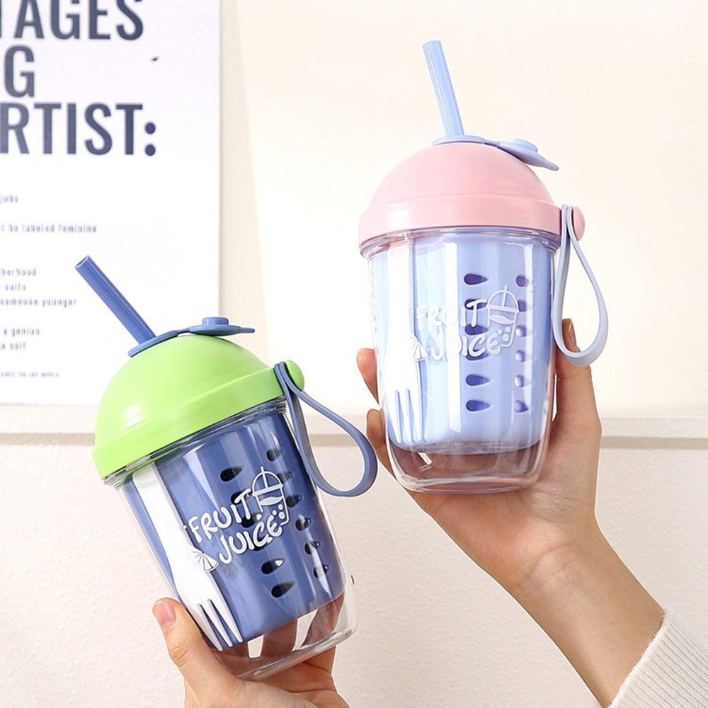 New Double Wall Salad Cup With Fork&Straw Leak Proof Fruit Cup Drain Breakfast Cup