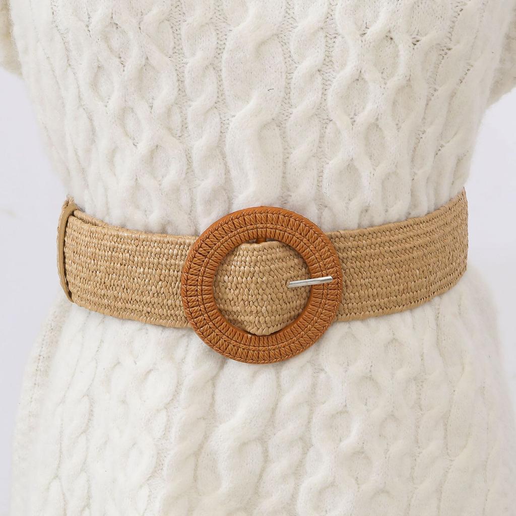 New Imitation Grass Woven Women's Elastic Waist Belt with Stylish Large Plastic Buckle, Versatile Matching