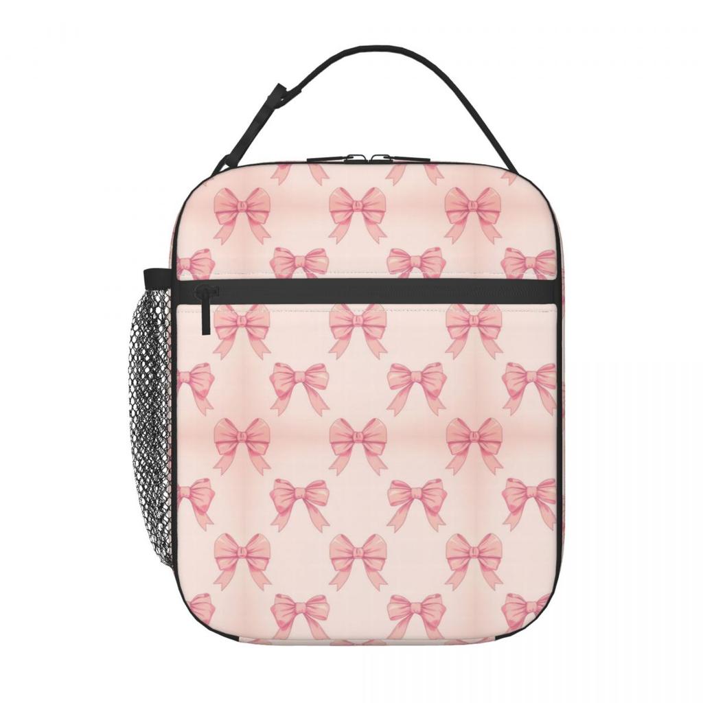 Pink Bow Pattern Insulated Lunch Bag for Women Kids Portable Food Boxes Thermal Lunch Box Tote