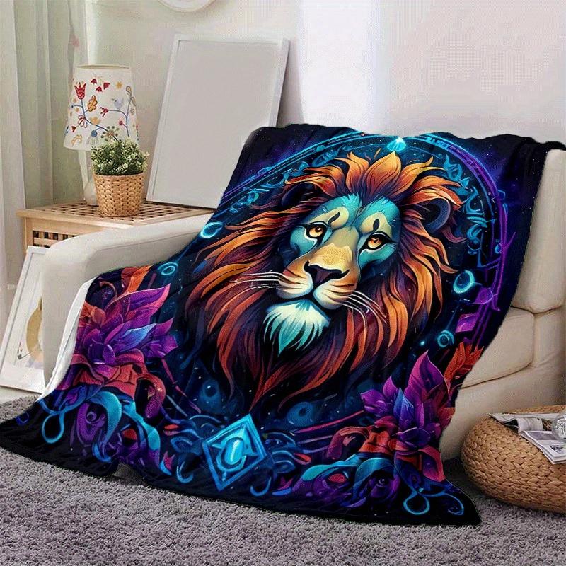 1pc Lion Printing Lightweight Flannel Blanket, Comfortable and Warm Blanket, for Camping Sofa Bed and Couch Office, Gift
