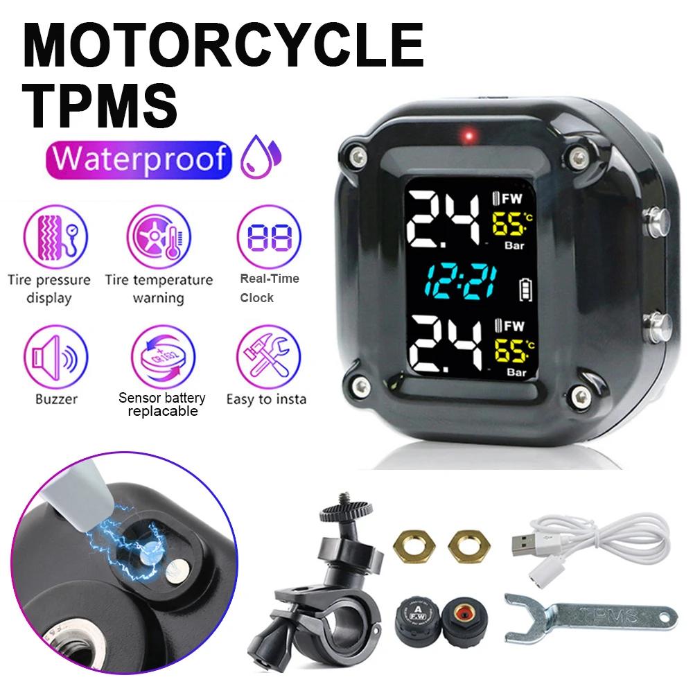 Farbiges LCD Motorrad TPMS 2 Externe Sensoren Reifendrucküberwachungssystem Wasserdicht mit Reifentemperaturalarm Zeitanzeige