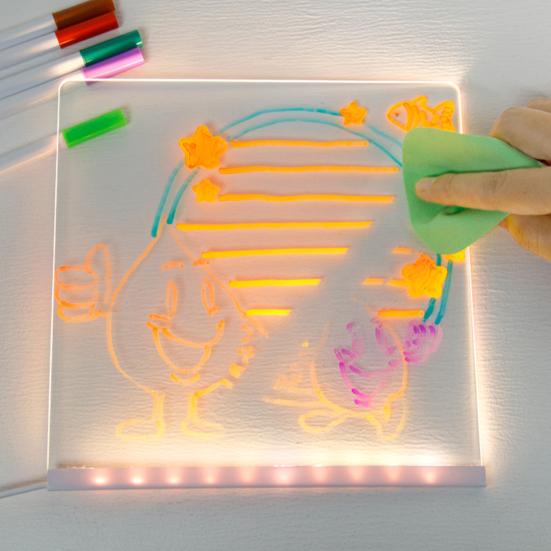LED Acrylic Dry-Erase Board with 7 Pens Stand Reusable Kids Adults Students Glowing Light-up Clear Acrylic Memo Note Message Writing Board for Office