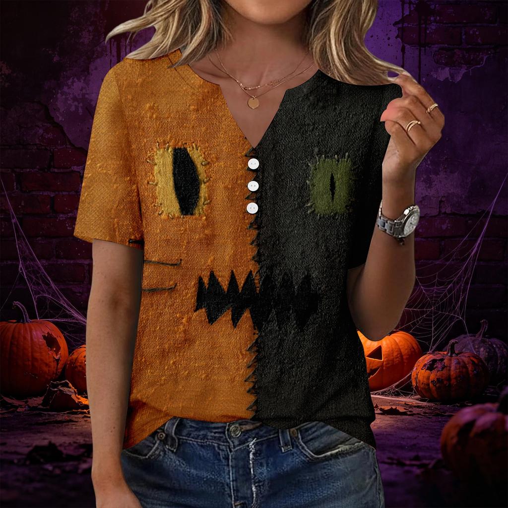Women’s Fashion Casual Halloween Print V Neck Short Sleeve Decorative Button T Shirt Top for Autumn Daily Wear
