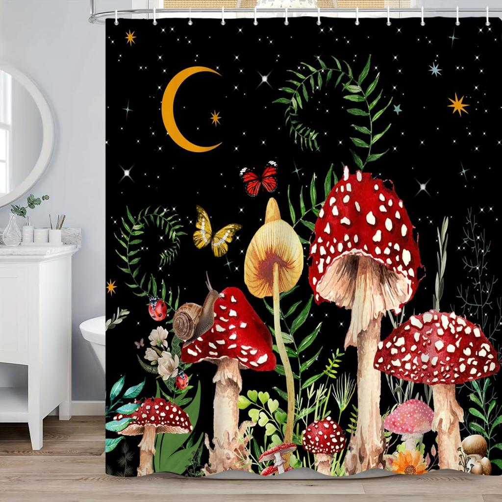 Renaiss 72X72 Inches Mushroom Boho Shower Curtain Retro Red Mushrooms Butterfly Botanical Wildflowers Green Plant Starry Night S