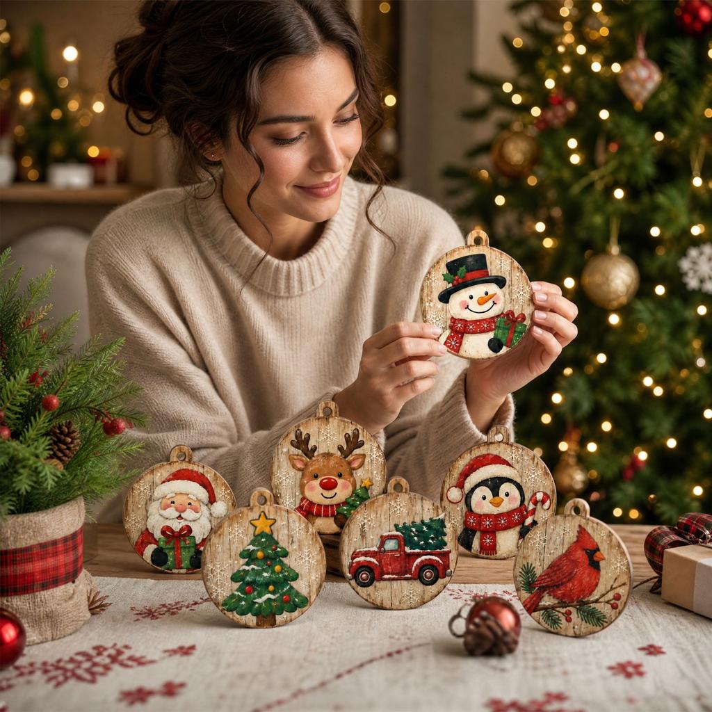 2D Wooden Christmas Decorative Hanging Ornaments, 10-Piece Set, 2, Holiday Tree Decor