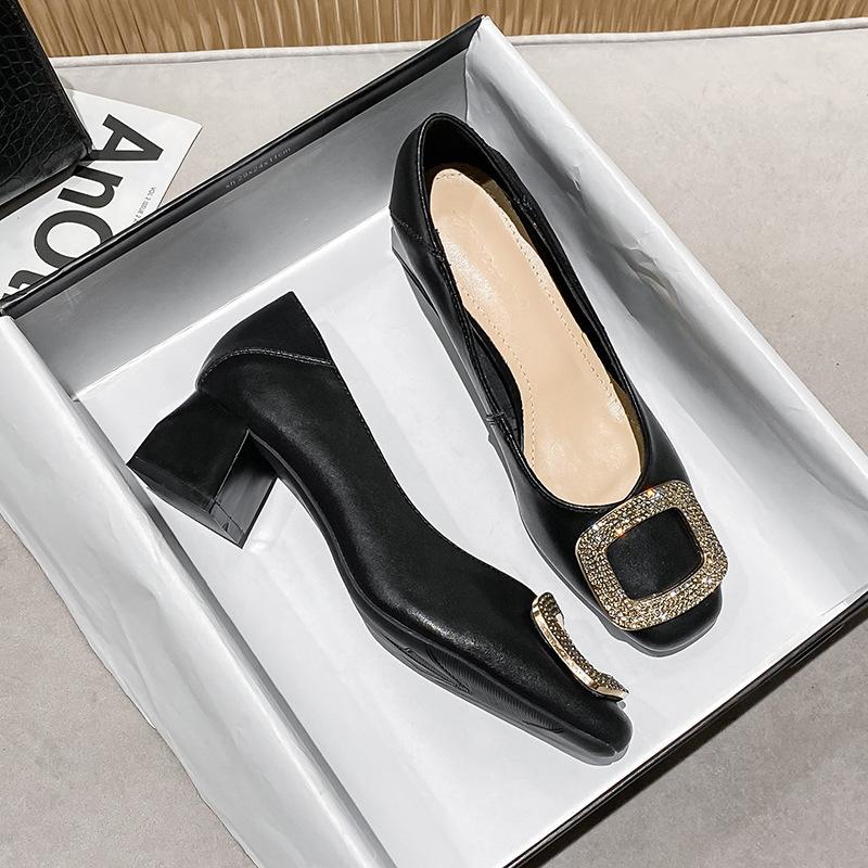 New soft leather thick heel grandma shoes women's head mid heel shallow mouth women's single shoes