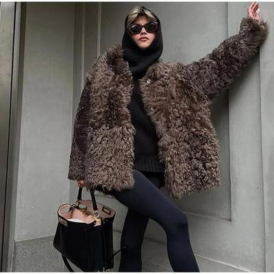 Faux Fur Solid Pleated Women Coat Long Sleeve Pocket Cardigan V-neck Female Jacket Winter Casual Fashion Lady Outwear Large Size Jacke