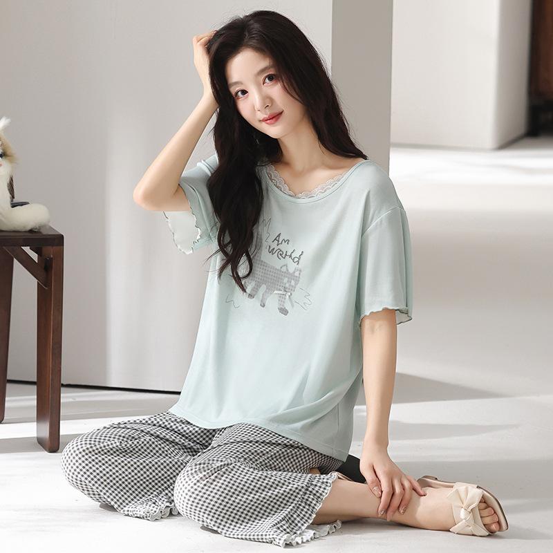 Pajamas women's summer thin Modal cotton short-sleeved cropped pants 1011 new floral loungewear cotton and silk suit