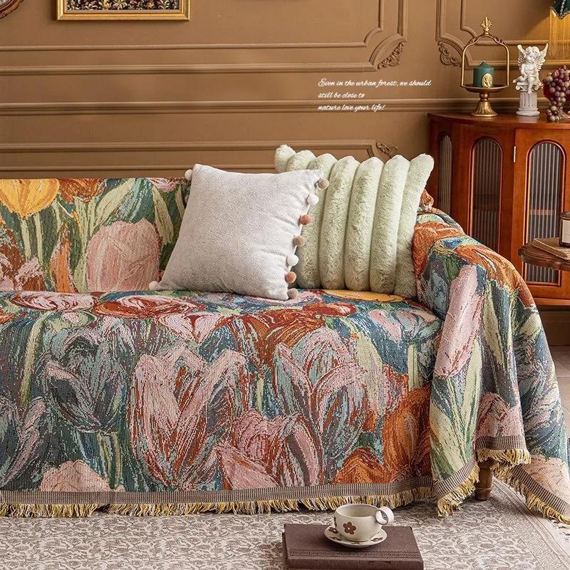 Retro Oil Painting Design Sofa Towel All Season Universal for Living Room Home Decor Tassel Sofa Cover Cloth Flowers Couch Towel