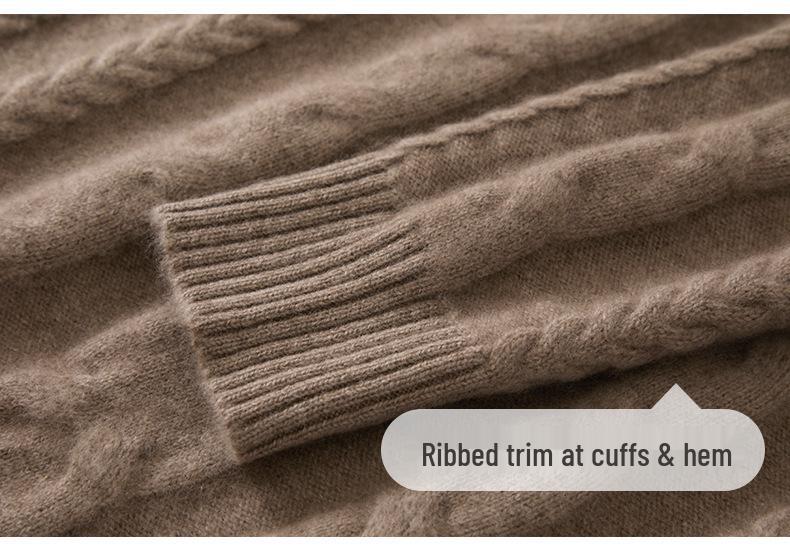 Women's Thick Cable-Knit Cashmere Pullover: Seven-Needle, Double-Strand, Half-High Neck, Raglan Sleeves, Casual Base Layer Top