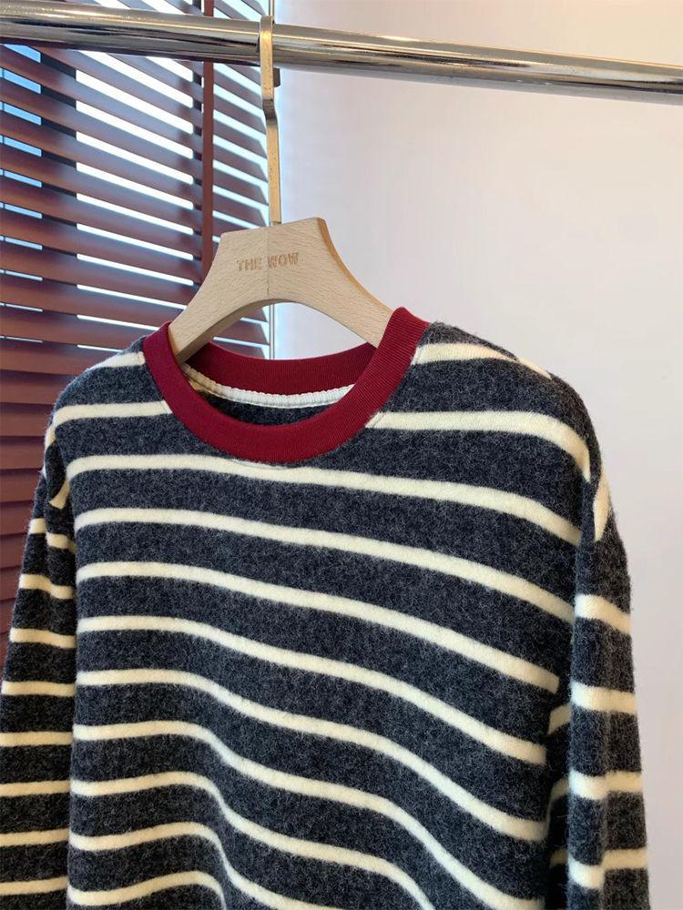 Plush Feel Korean Style Pink Striped Long Sleeve T-shirt for Women - Autumn/Winter Loose Fit