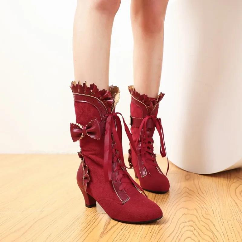 Fashion Bow High-heeled Boots Noble Women Shoes Retro Knight Boots Medieval PU Leather Ankle Boot Fashion Lady Cosplay High Heel Boots