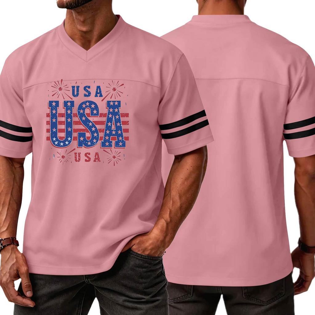 Men V Neck Casual Short Sleeve Sports T Shirt with USA Print Athletic Fit Comfortable Lightweight Top for Daily Wear