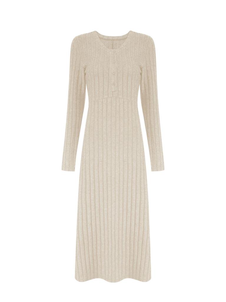 Independent Style European & American Solid Color Ribbed V-Neck Single-Breasted Long Dress for Women - Autumn/Winter Collection