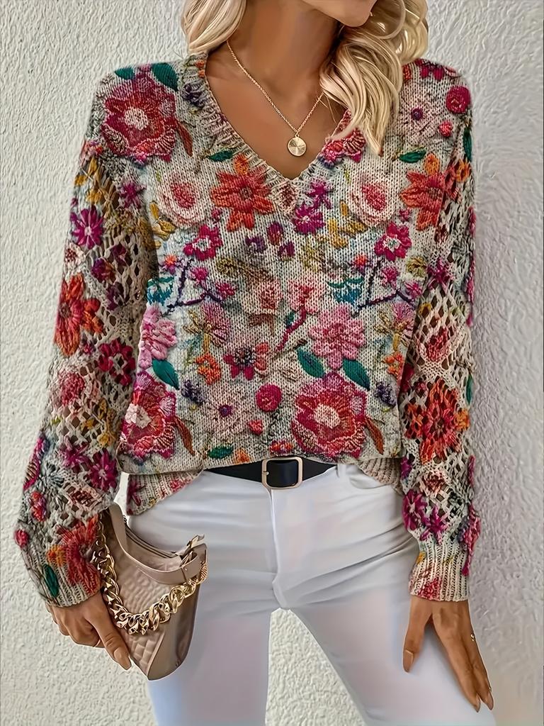 Neues bedrucktes V-Ausschnitt-Oberteil Damen beliebter Pullover Langarm Frühling und Herbst Pullover