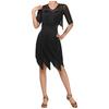 Ladies Glittery Rhinestone Tassel Dress Mesh Patchwork Short Sleeve Irregular Hem Fringe Latin Tango Chacha Dance Dress
