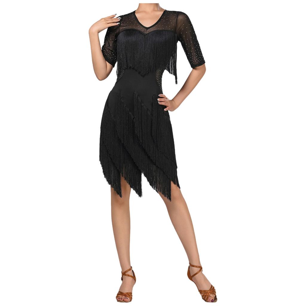 Ladies Glittery Rhinestone Tassel Dress Mesh Patchwork Short Sleeve Irregular Hem Fringe Latin Tango Chacha Dance Dress