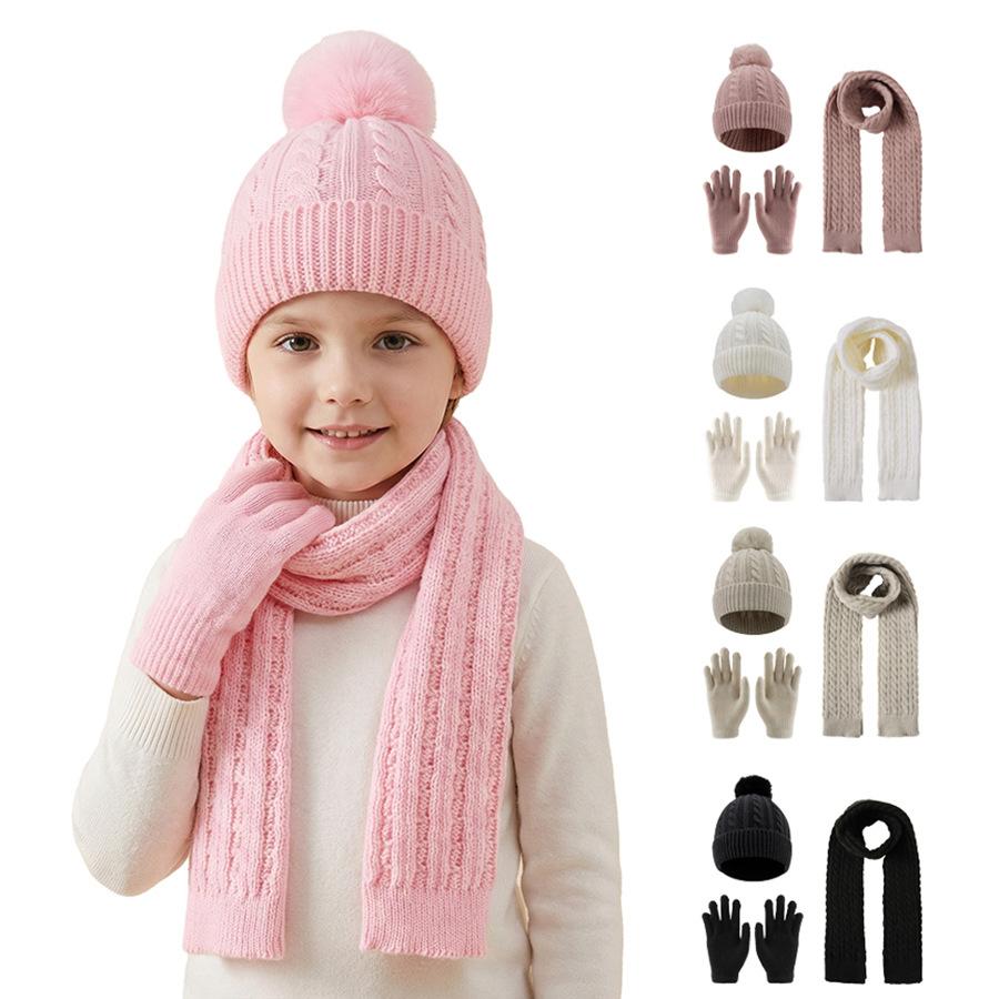 3-12Y Children's Warm Knitted Hat Scarf Gloves Set Thickened Lining Knit Beanie Warm Neck Scarves Windproof Outdoor Protecting