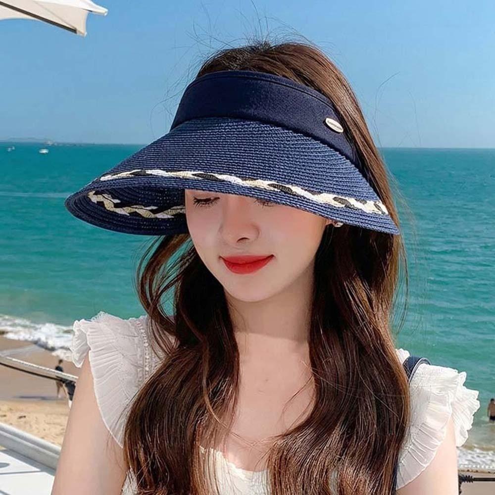 Solid Color Straw Visor Cap Breathable Sunscreen Empty Top Hat Beach Wide Brim Woven Cap Kids