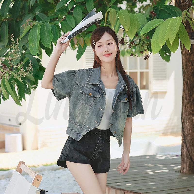 

Женская джинсовая рубашка-куртка с коротким рукавом, petite, повседневная - Коллекция Лето 2026 M светло-синий