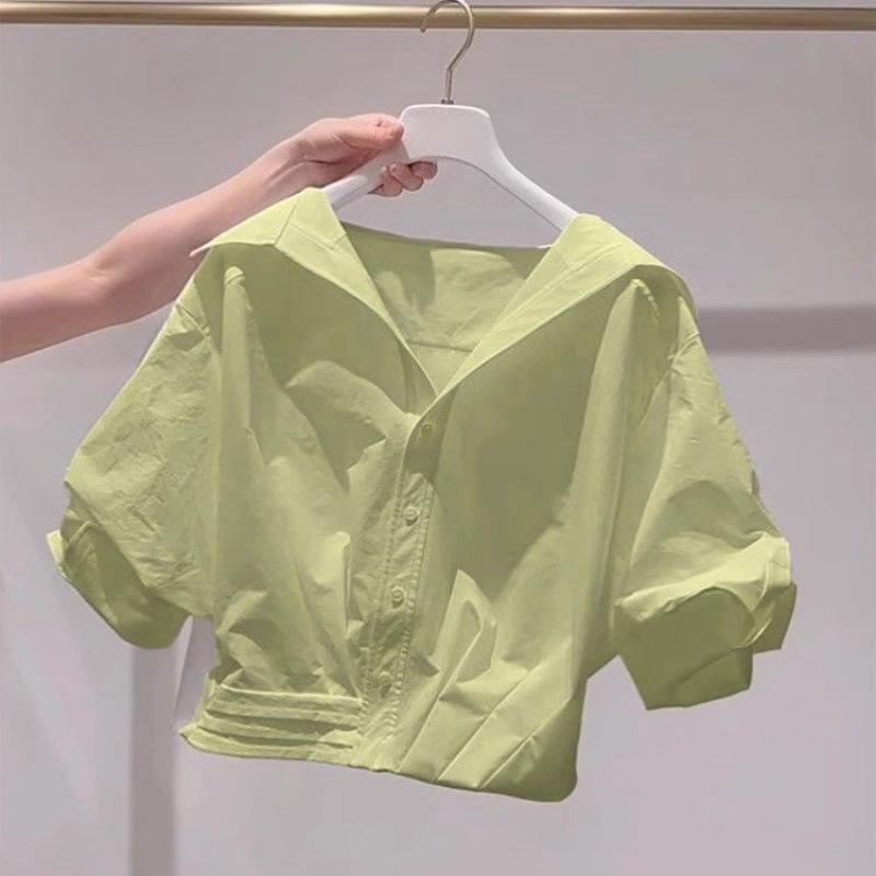 Lapel Short-sleeved Shirt Women s Summer Small Sweet Short Shirt XS светло-зеленый