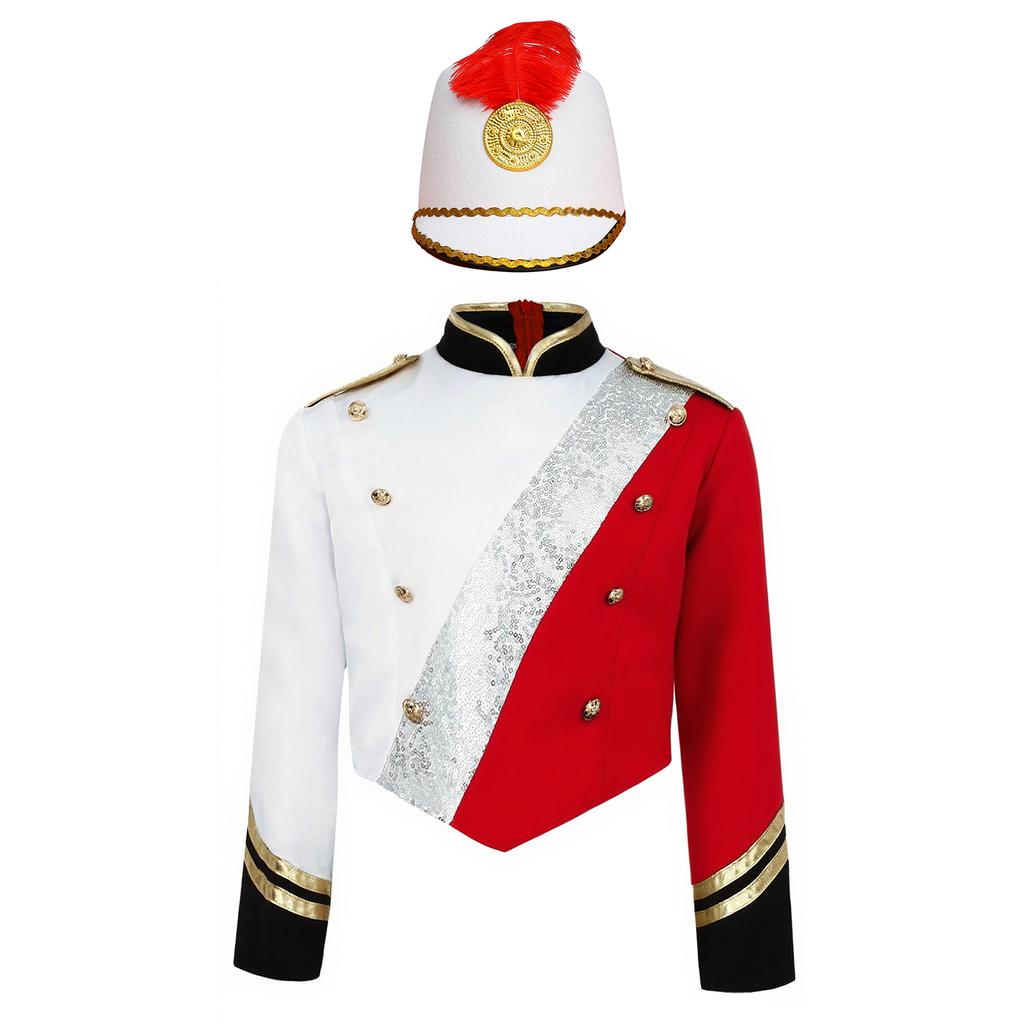 Boys Marching Band Uniform Stand Collar Long Sleeve Sequins Patchwork Color Block Design Epaulets Buttons Hat Set