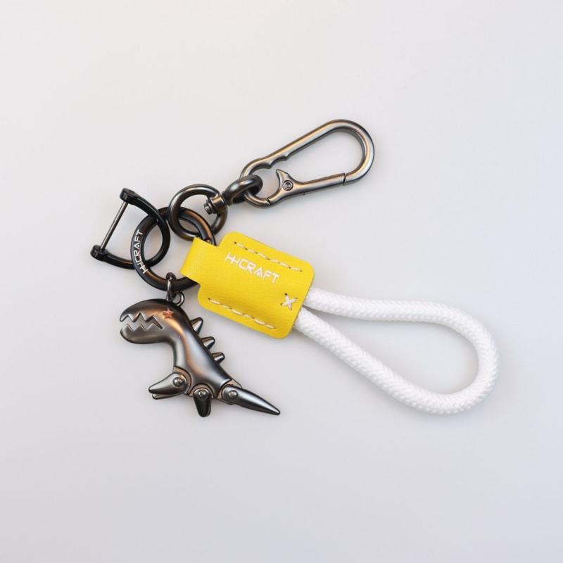 Car Keychain with Little Dino Accent, Single Braided Leather Rope, Metal Key Holder, Motorcycle & Bag Add-Ons