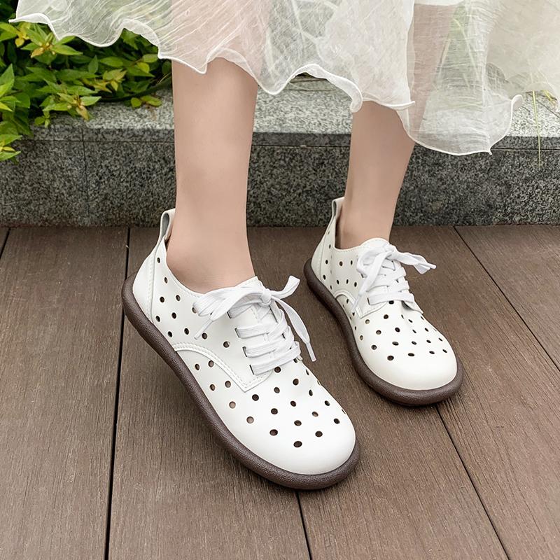 Moda 2025 Lato Nowe Damskie Płaskie Buty z Okrągłym Czubkiem i Wycięciami Miękka Podeszwa Sznurowane Płaskie Buty dla Kobiet Outdoor Codzienne Casualowe Duże Rozmiary Butów