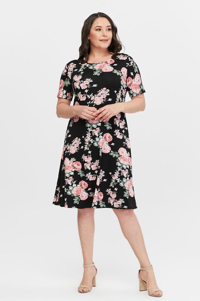 Women's Big Size Dress Floral Patterned Viscose Basic Short Sleeve Dress