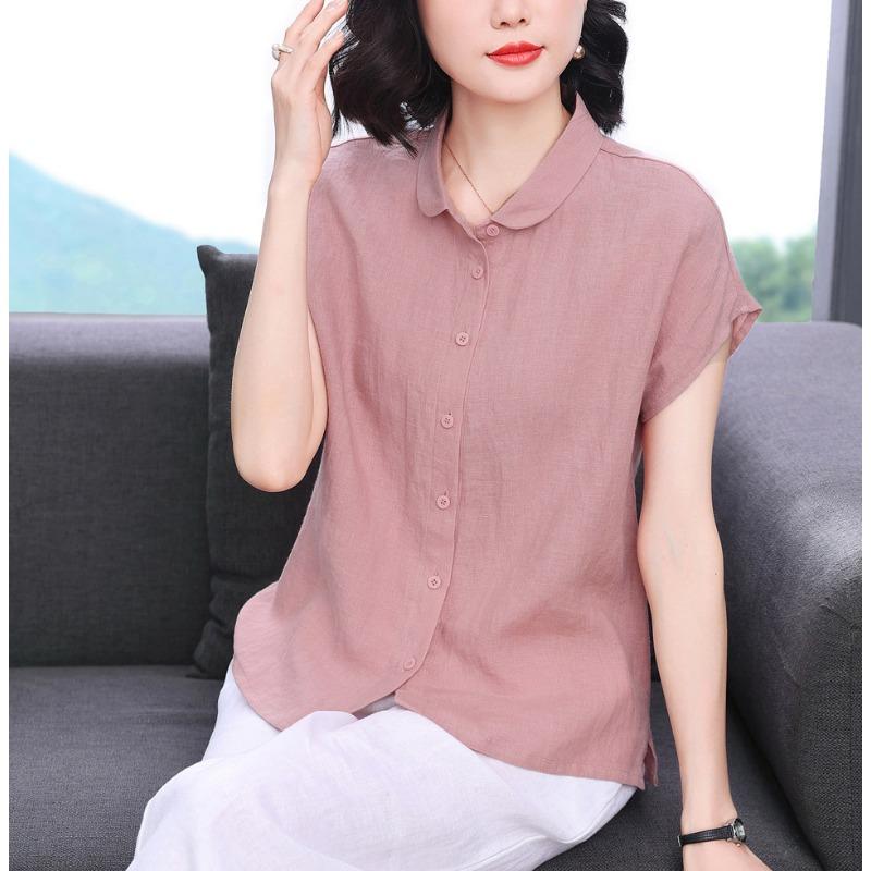 women cotton batwing sleeve shirt doll collar short sleeve button down casual blouse M розовый