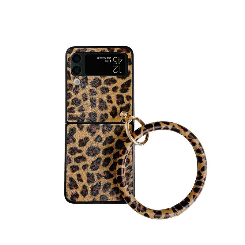 Applicable to Samsung ZFlip4 leopard print mobile phone case zflip5 portable ring zflip6 folding hard case protective case