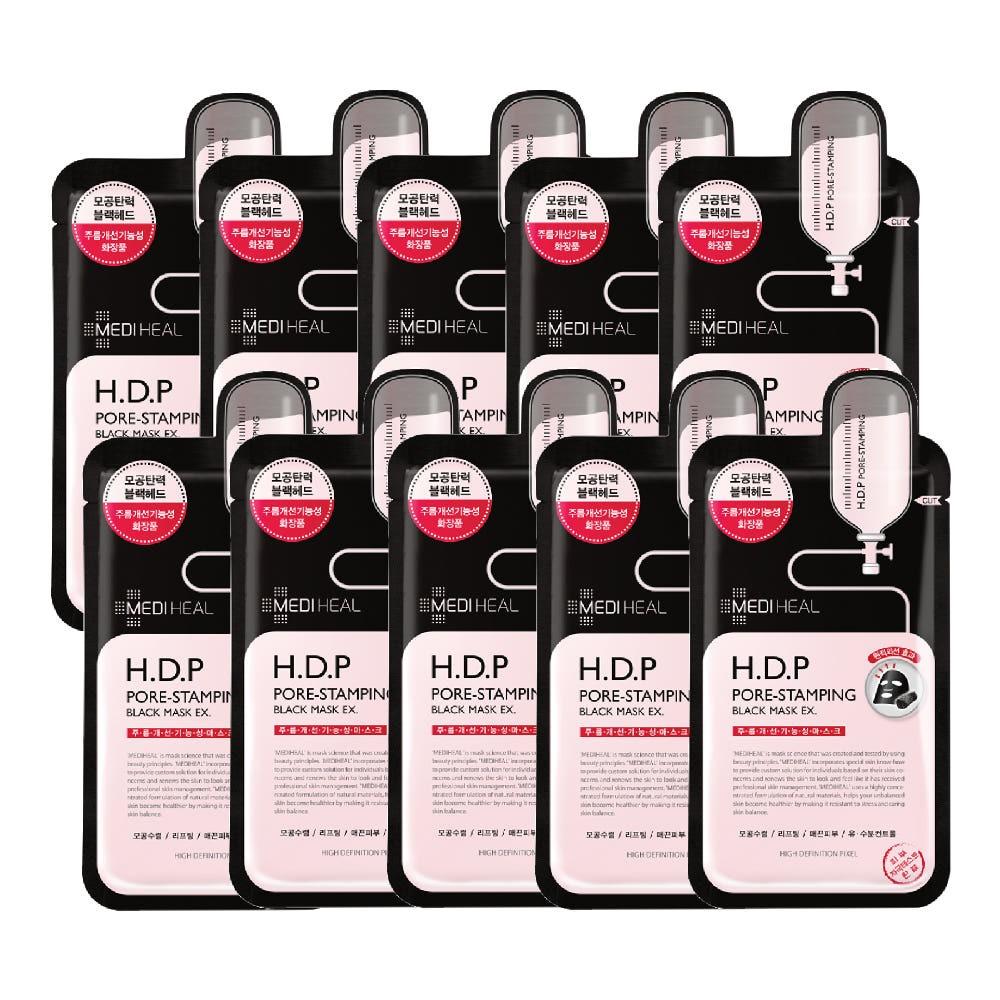 MEDIHEAL H.D.P Pore Stamping Black Mask 10-Pack Set Pore Tightening Charcoal Sheet Masks