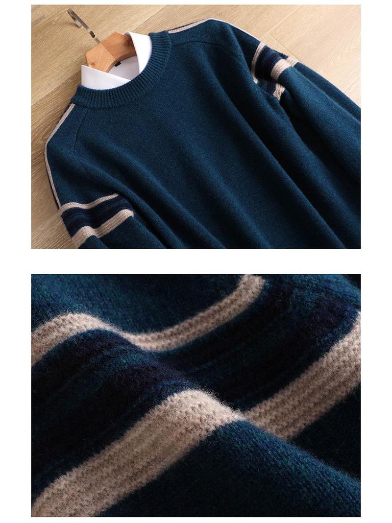 Men's Cashmere Wool Color Block Round Neck Sweater, Korean Style Loose Casual Knit Pullover, Plus Size for Autumn/Winter