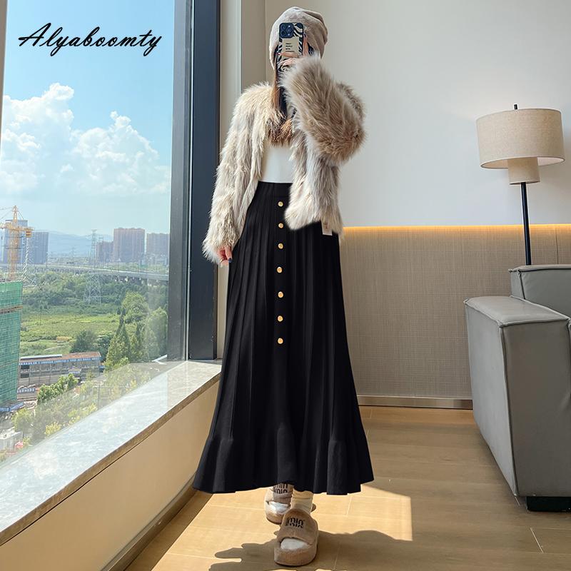 French Style Autumn Winter Women Knitting Skirt High Waist Beige Black Knitted Ruffles Skirt Elegant Feminine Split Ladies' Skirts Womens