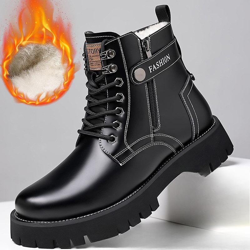 Winter Men'S High Top Boots British Style Chunky Sole Round Toe Plush Lined Leather Boots Non-Slip Warm Comfortable Snow Shoes