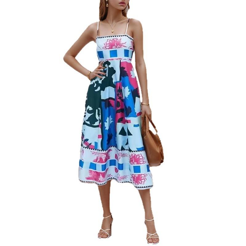 Spring new women's clothing, Europe, America, fashion painted printed suspender waist dress