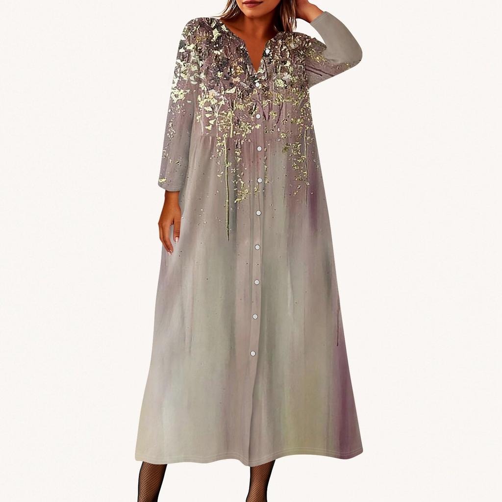 Women's Fashionable Printed Round Neck Seven Quarter Sleeve Button Loose Shirt Dress