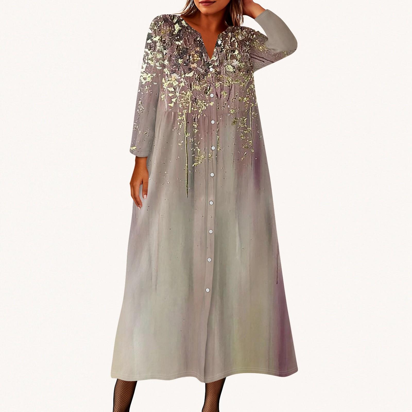 

Women s Fashionable Printed Round Neck Seven Quarter Sleeve Button Loose Shirt Dress M