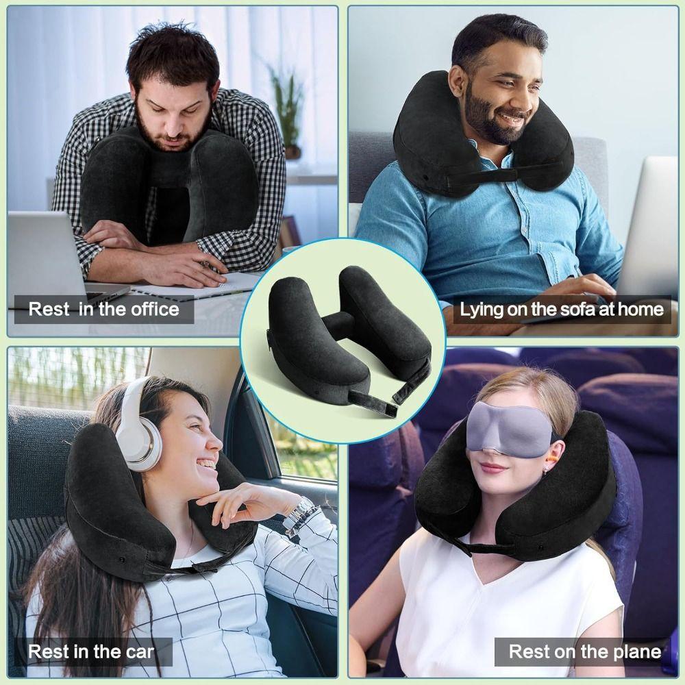 Massage Feature Inflatable Neck Pillow Soft Velour Cover Neck Support Pillow  Outdoor Travel