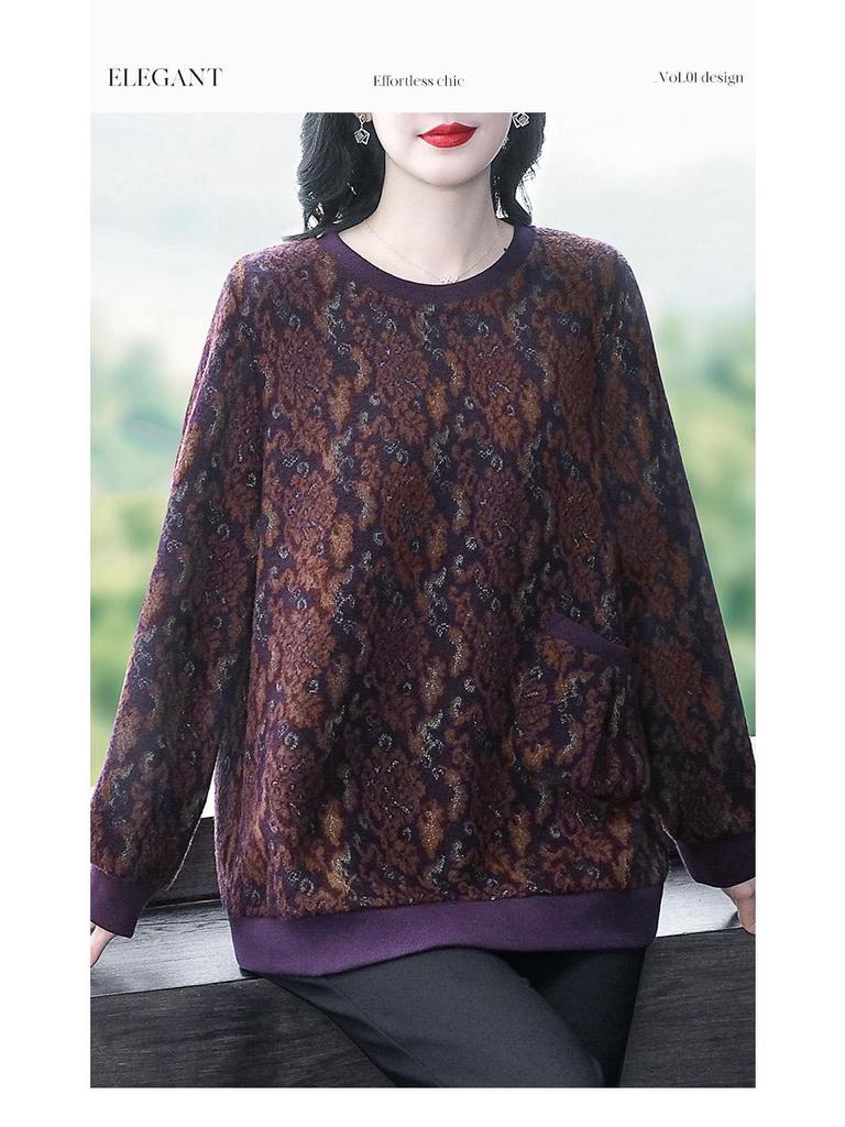 Autumn Winter Classic Jacquard Plus Size Slimming Sweatshirt for Middle-Aged Women