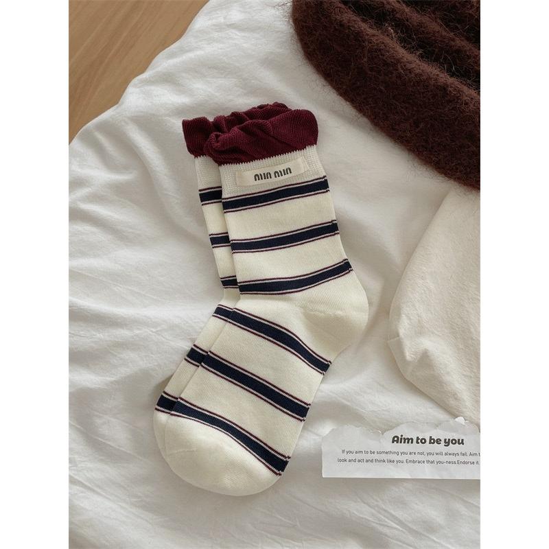 Female Autumn Color Striped Double Collar Letter Cloth Label Boneless Sweat Absorbent Breathable Tube Pile Socks