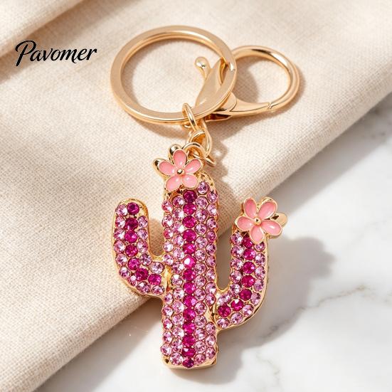 Cactus Keychain Bling Rhinestone Keychain, Pink Flower Keys Accessory Keyring Pendant, Handbags Backpacks Purse Charm Schoolbag Ornament
