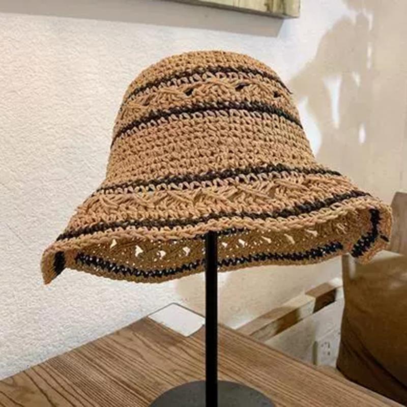 

Striped Geometric Print Natural Straw Bucket Hats For Women Foldable Lightweight Sun Hatstravel & Vacation Essential хаки