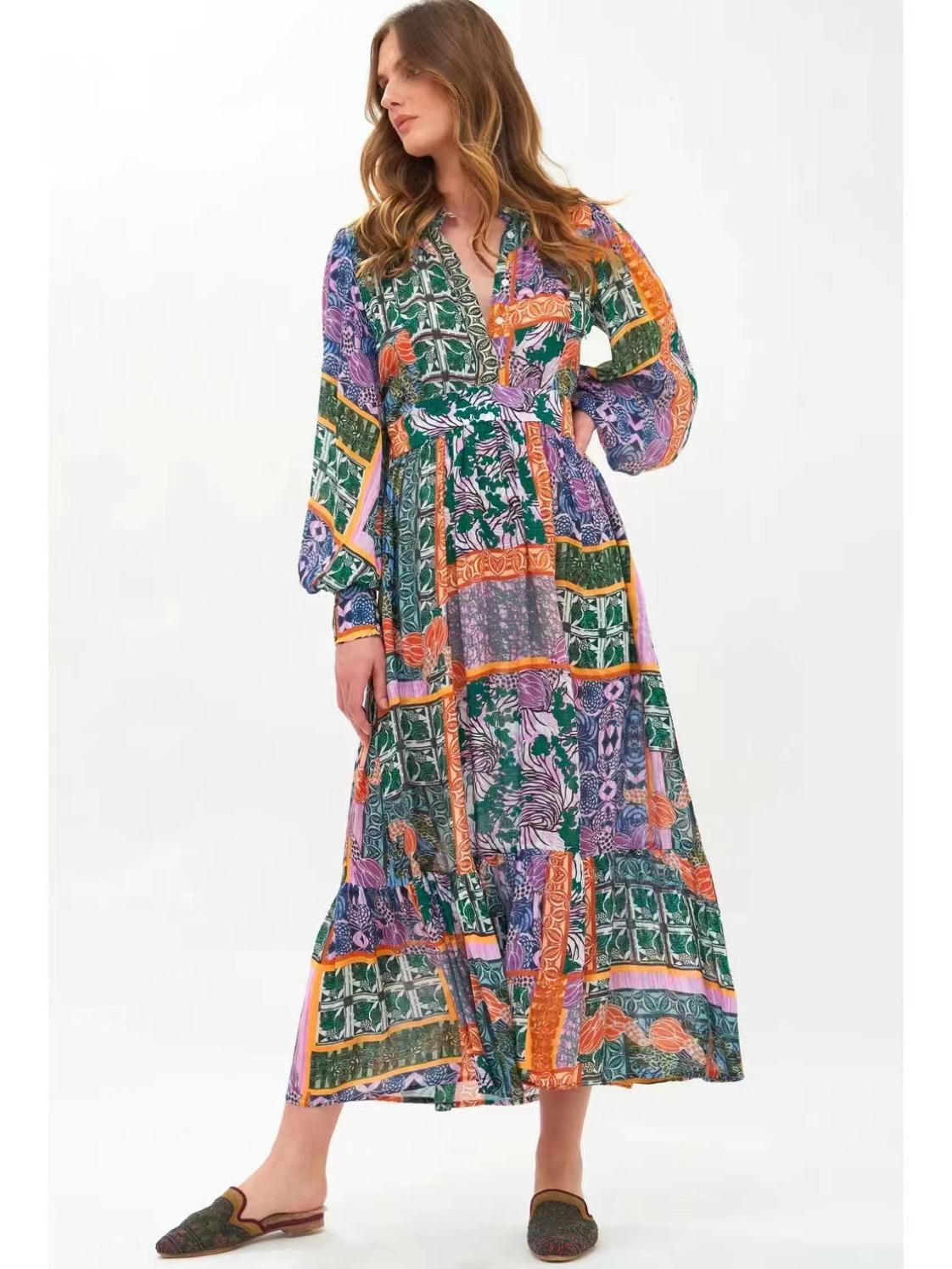 

Элегантная коллекция знаменитостей осень 2023 года, платье в стиле пэчворк с рукавами-фонариками и воротником-стойкой Medium